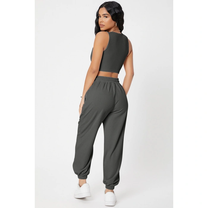 Kadın Antrasit Gri Kaşkorse Cepli Jogger Eşofman Altı Ve Crop Top Bluz