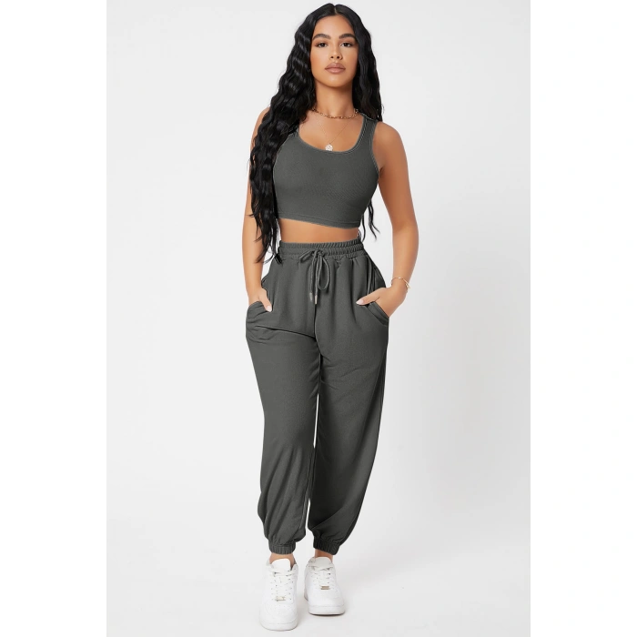 Kadın Antrasit Gri Kaşkorse Cepli Jogger Eşofman Altı Ve Crop Top Bluz