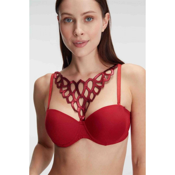 Kadın Balenli Destekli Dolgulu Askıları Çıkabilen Çıkabilen Yaka Aksesuarlı Sütyen Ve String Takım