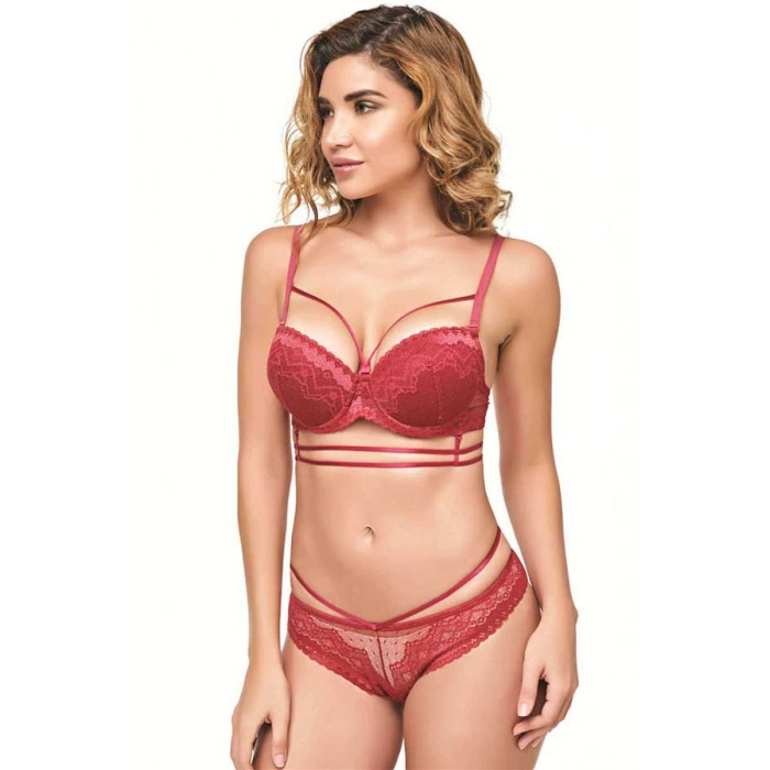 Kadın Balenli Destekli Dolgulu Askıları Çıkabilen Yaka Detaylı Çıkabilen Göğüs Altı Aksesuarlı Dantelli Sütyen Ve String Takım