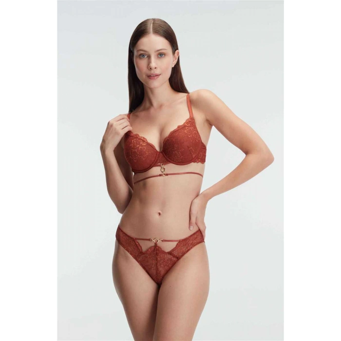 Kadın Balenli Destekli Dolgulu Göbek Detaylı Dantelli Sütyen Ve Slip Takım