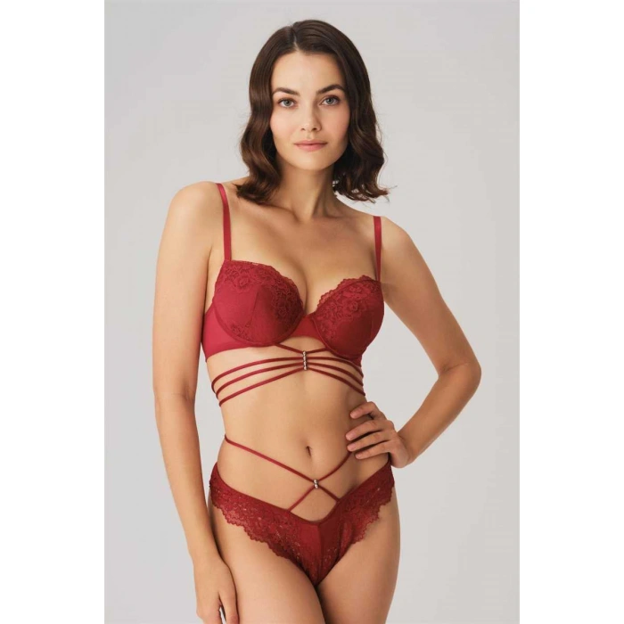 Kadın Balenli Destekli Dolgulu Göbek Detaylı Dantelli Sütyen Ve String Takım