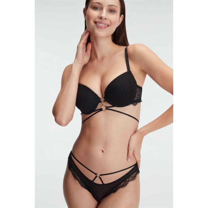 Kadın Balenli Destekli Dolgulu Göbek Detaylı Puantiyeli Dantelli Sütyen Ve Slip Takım
