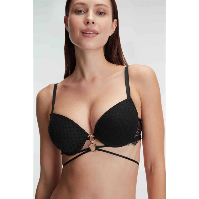 Kadın Balenli Destekli Dolgulu Göbek Detaylı Puantiyeli Dantelli Sütyen Ve Slip Takım