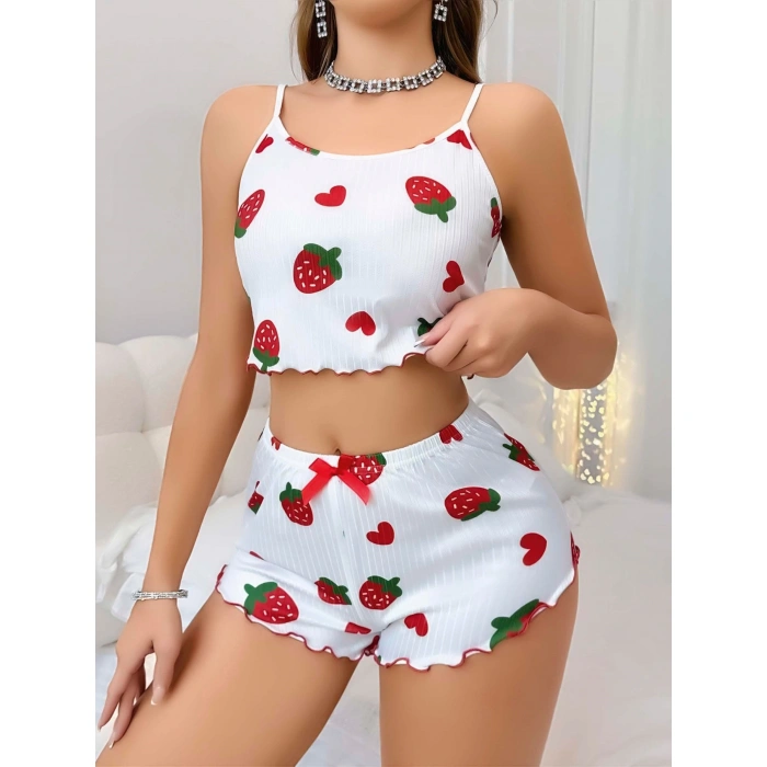 Kadın Beyaz Çilek Desenli Şortlu Pijama Takımı 5053