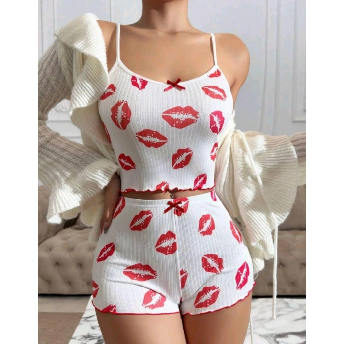 Kadın Beyaz Dudak Desenli Seksi Gecelik Takım 6642