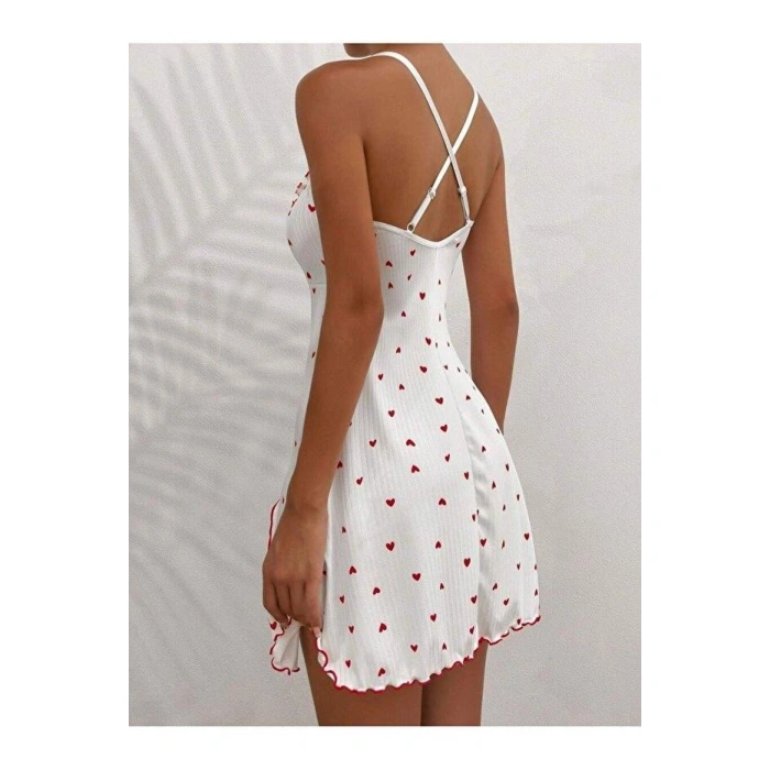 Kadın Beyaz Kırmızı Kalp Desenli Askılı  Elbise 5066