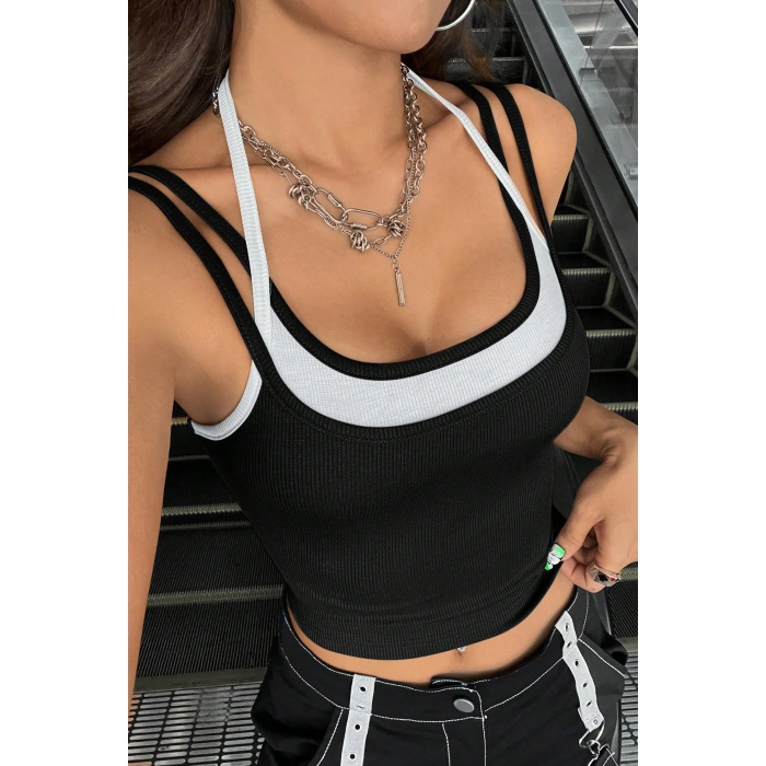 Kadın Beyaz Siyah Çift Renk Çapraz Askılı Crop Top Bluz