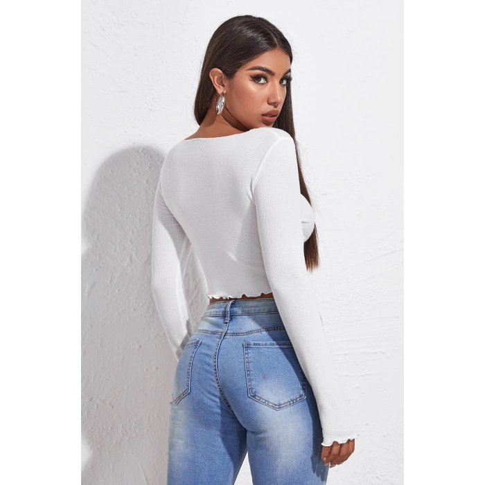 Kadın Beyaz Uzun Kollu Büzdürme Bağcık Detaylı Crop Top Bluz