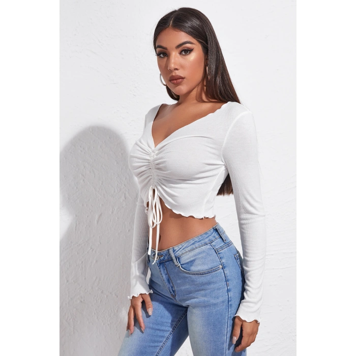 Kadın Beyaz Uzun Kollu Büzdürme Bağcık Detaylı Crop Top Bluz