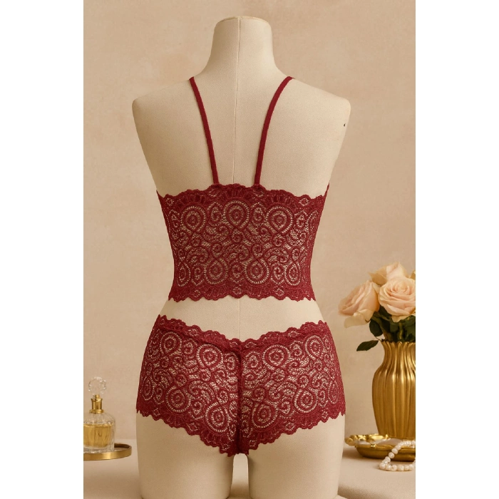 Kadın Bordo Dantel Bralet Şort Takımı – Asil Ve Sofistike İç Giyim