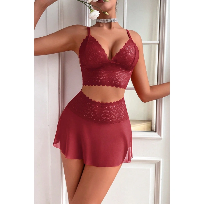 Kadın Bordo Dantel Ve Tül Detaylı Etekli Şık Gecelik Takımı