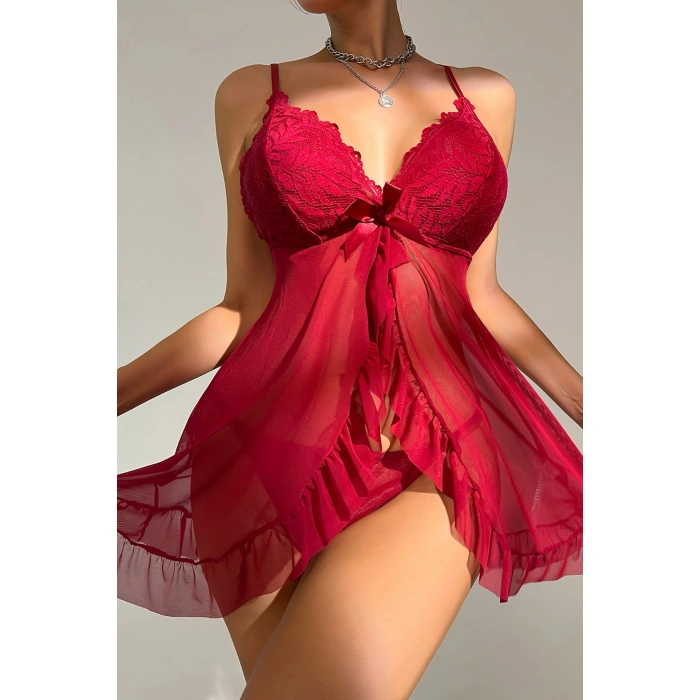 Kadın Bordo Dantelli, Fırfırlı Tül Ve Fiyonk Detaylı Tangalı Gecelik Takımı