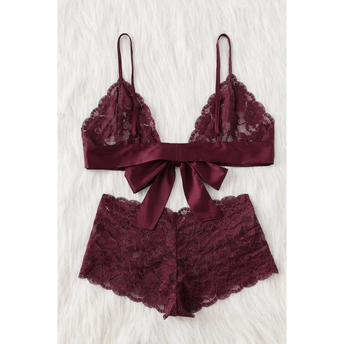 Kadın Bordo Dantelli & Kurdelalı Sütyen Külot Takımı
