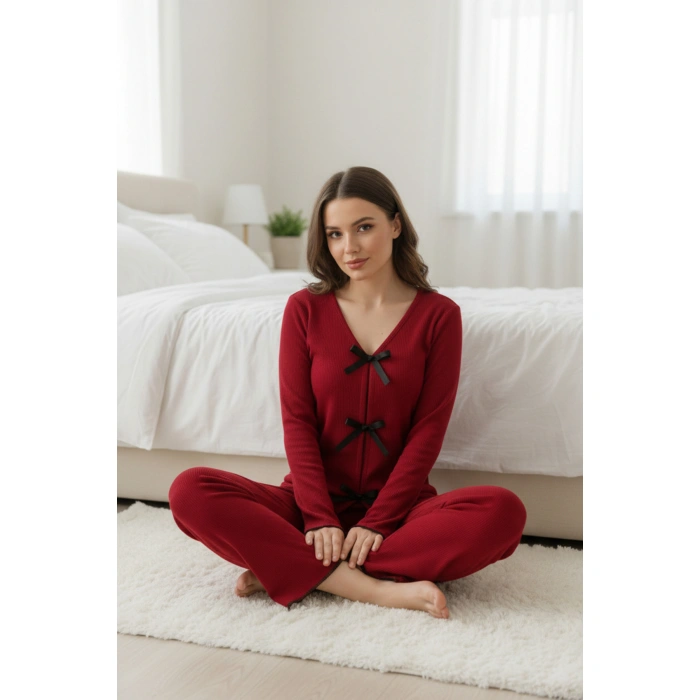 Kadın Bordo Fiyonklu İç Çamaşırı Ve Uzun Kollu V Yaka Pijama Takımı 4lü Set