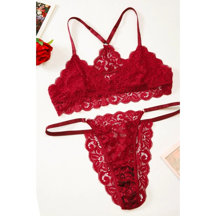 Kadın Bordo Sırtı Dantel Ve İp Detaylı Şık Sütyen Külot Takımı