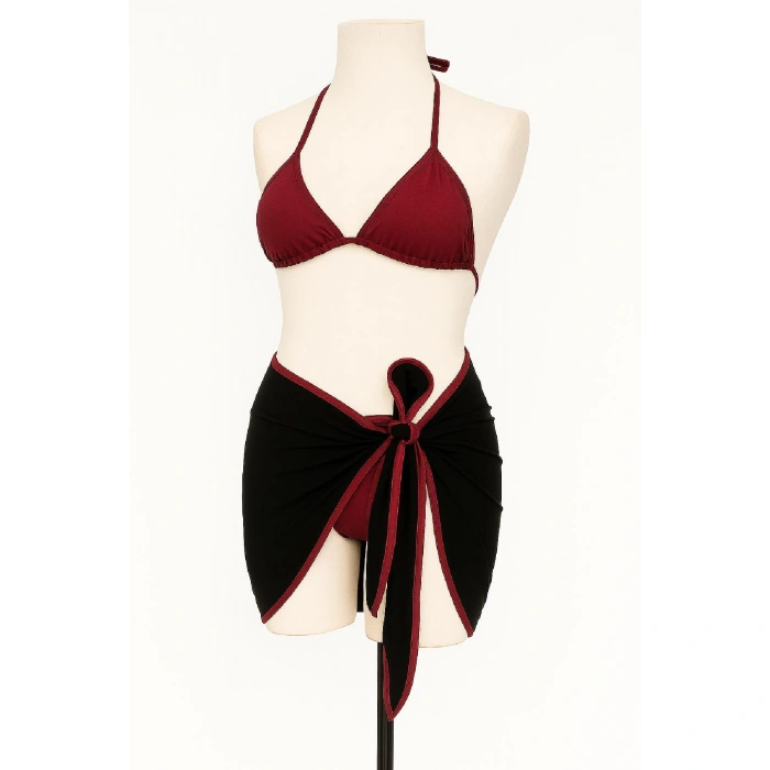 Kadın Bordo Siyah Pareolu Yandan Ve Boyundan Bağlamalı 3lü Bikini Takımı