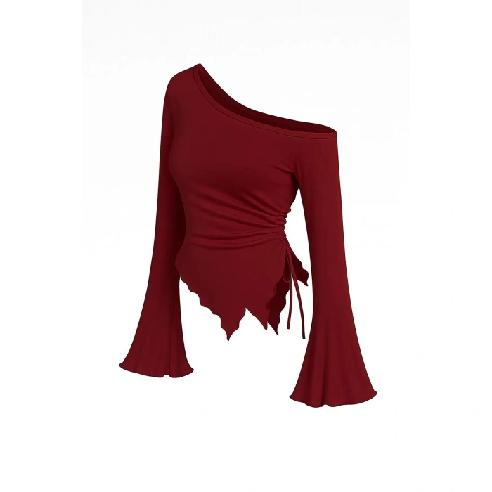 Kadın Bordo Uzun İspanyol Kollu Asimetirik Yaka Yandan Bağlamalı Drapeli Bluz