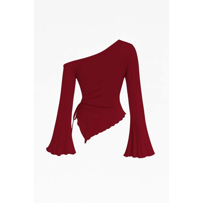 Kadın Bordo Uzun İspanyol Kollu Asimetirik Yaka Yandan Bağlamalı Drapeli Bluz