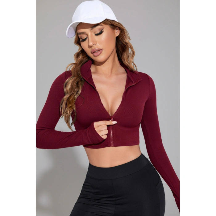 Kadın Bordo Uzun Kol Fermuarlı Parmak Geçme Detaylı Dik Yaka Crop Top Bluz