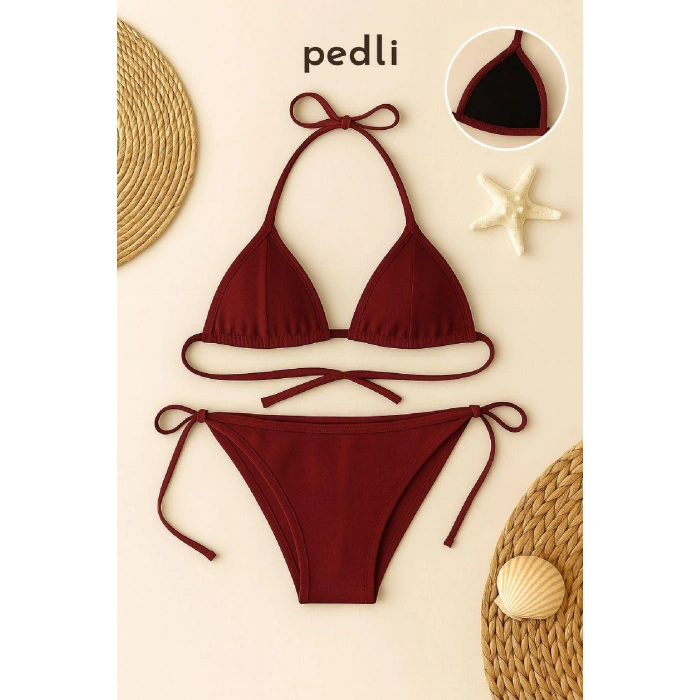 Kadın Bordo Yandan Ve Boyundan Bağlamalı Bikini Mayo Takımı