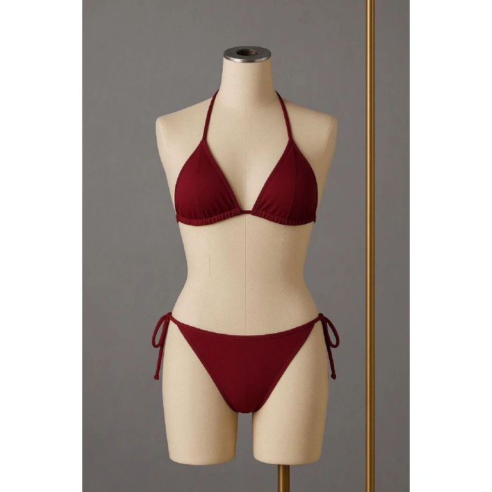 Kadın Bordo Yandan Ve Boyundan Bağlamalı Bikini Mayo Takımı