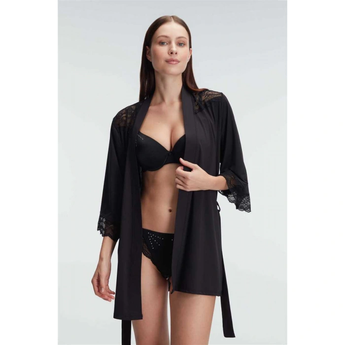 Kadın Dantelli Sabahlık Balenli Destekli Dolgulu Taşlı Sütyen Ve String 3lü Takım