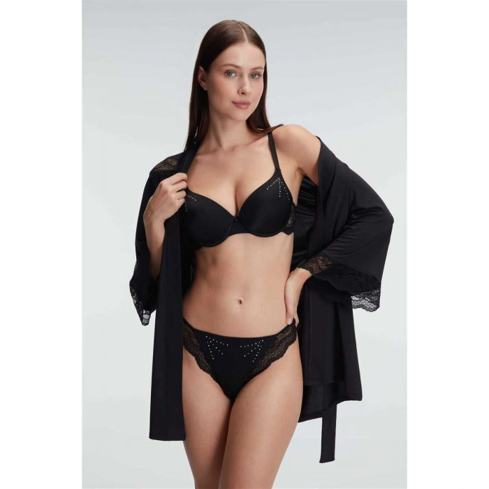 Kadın Dantelli Sabahlık Balenli Destekli Dolgulu Taşlı Sütyen Ve String 3lü Takım