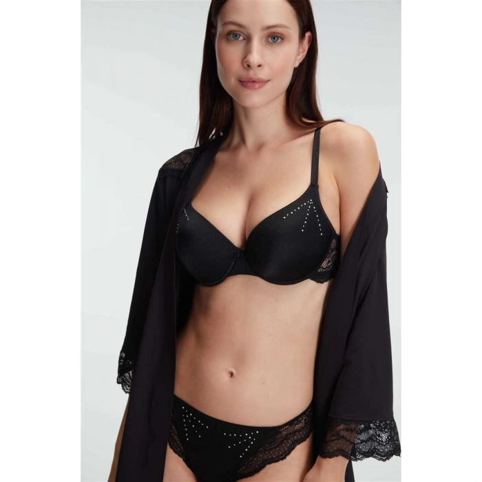 Kadın Dantelli Sabahlık Balenli Destekli Dolgulu Taşlı Sütyen Ve String 3lü Takım