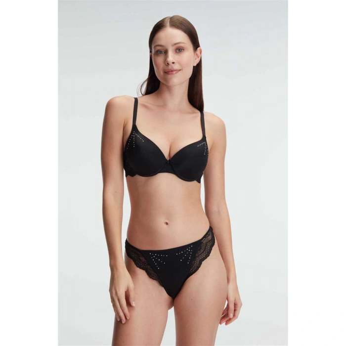 Kadın Dantelli Sabahlık Balenli Destekli Dolgulu Taşlı Sütyen Ve String 3lü Takım