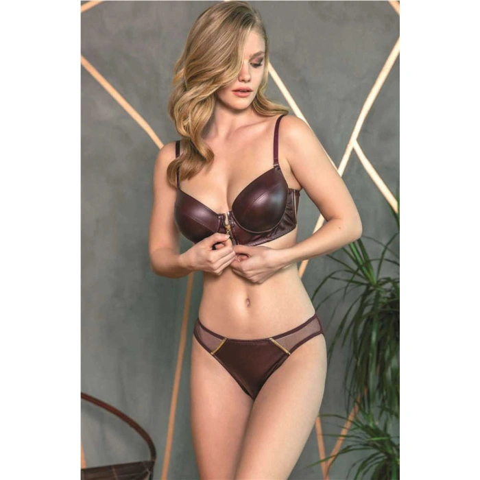 Kadın Deri Görünümlü Balenli Destekli Dolgulu Askıları Çıkabilen Ortası Fermuarlı Büstiyer Sütyen Ve Slip Takım