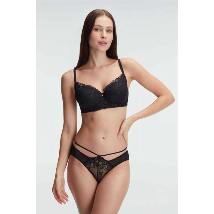 Kadın Desteksiz Balenli Dantel Detaylı Sütyen Slip Takım