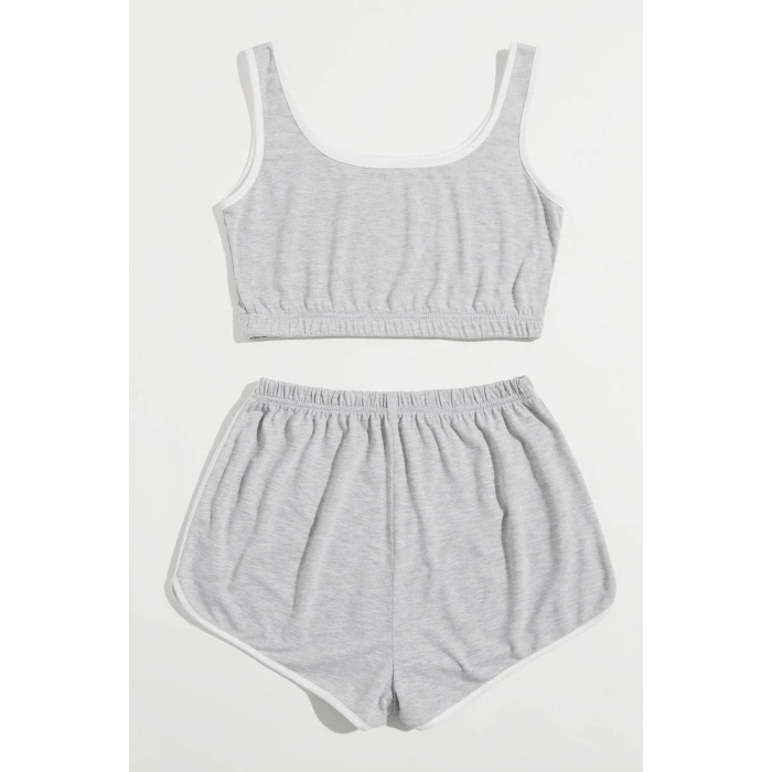 Kadın Gri Askılı Crop Top Ve Şortlu Gecelik Takım