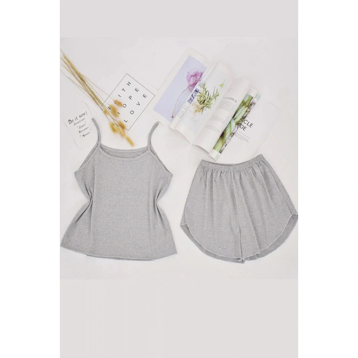 Kadın Gri Şortlu Penye Gecelik Takımı