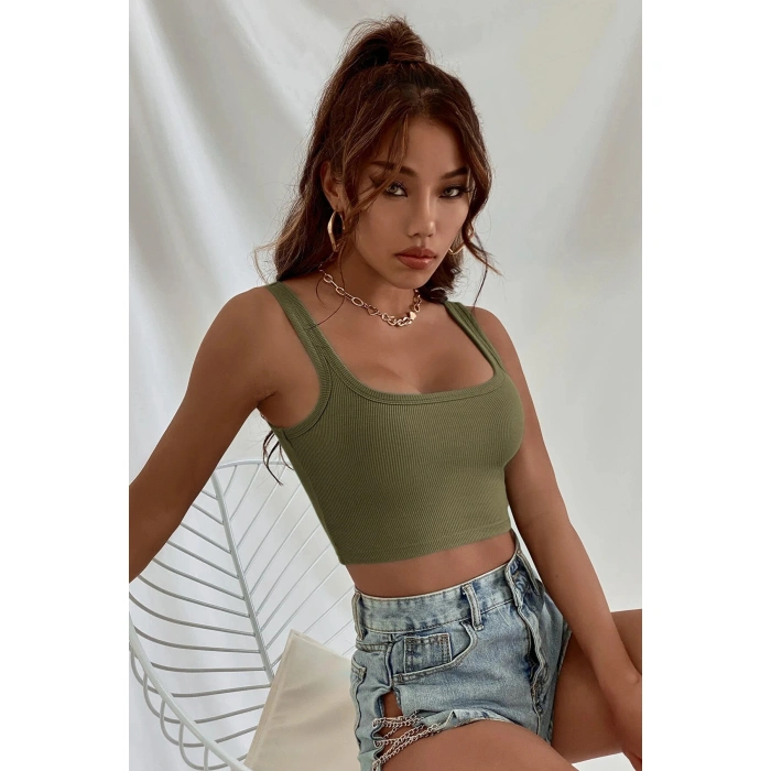 Kadın Haki Yeşili Kalın Askılı Crop Top Büstiyer