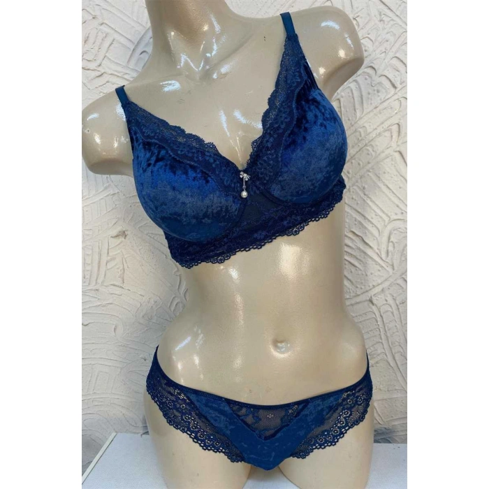 Kadın Kadife Balenli Destekli Dolgulu Dantelli Büstiyer Sütyen Ve Slip Takım