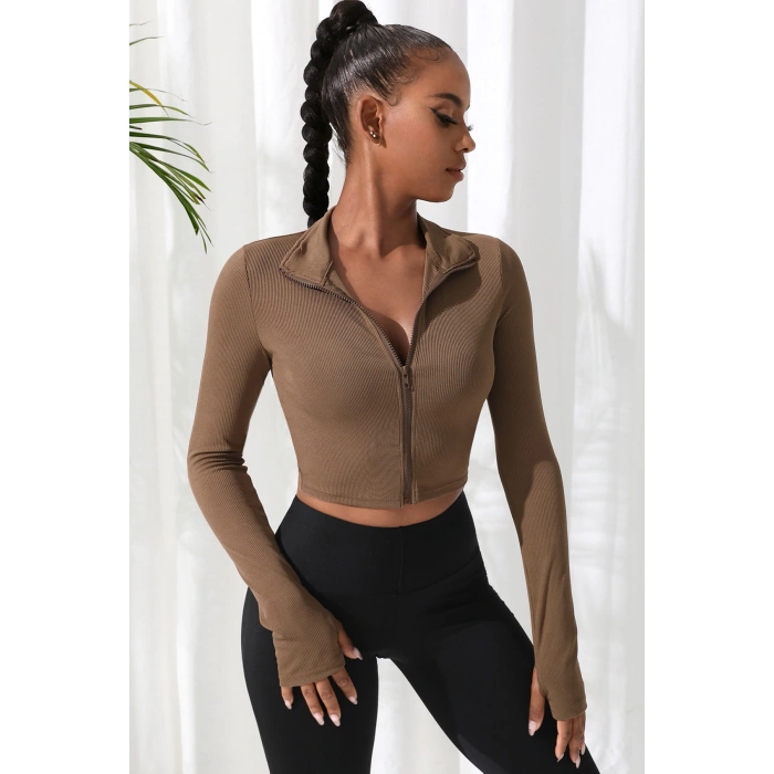 Kadın Kahverengi Uzun Kol Fermuarlı Parmak Geçme Detaylı Dik Yaka Crop Top Bluz