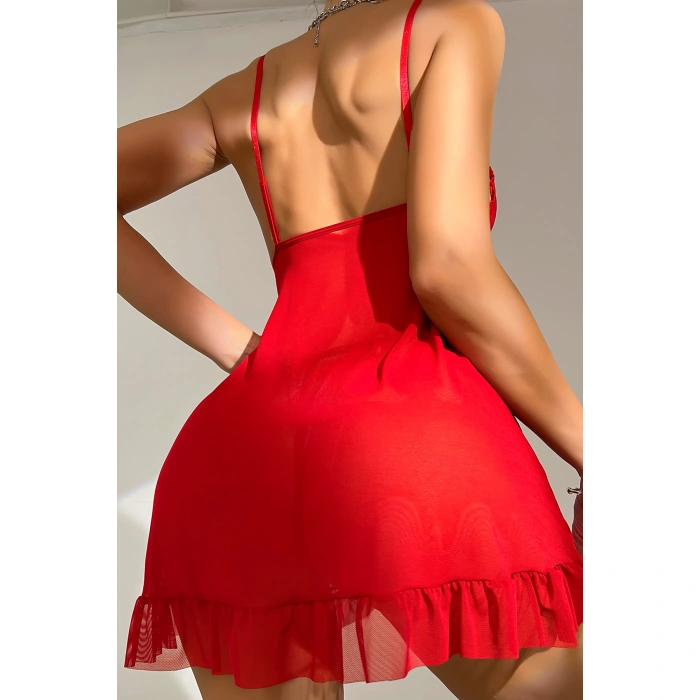 Kadın Kırmızı Dantelli, Fırfırlı Tül Ve Fiyonk Detaylı Tangalı Gecelik Takımı