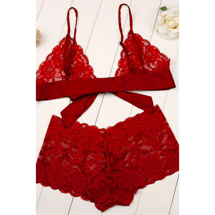 Kadın Kırmızı Dantelli & Kurdelalı Sütyen Külot Takımı