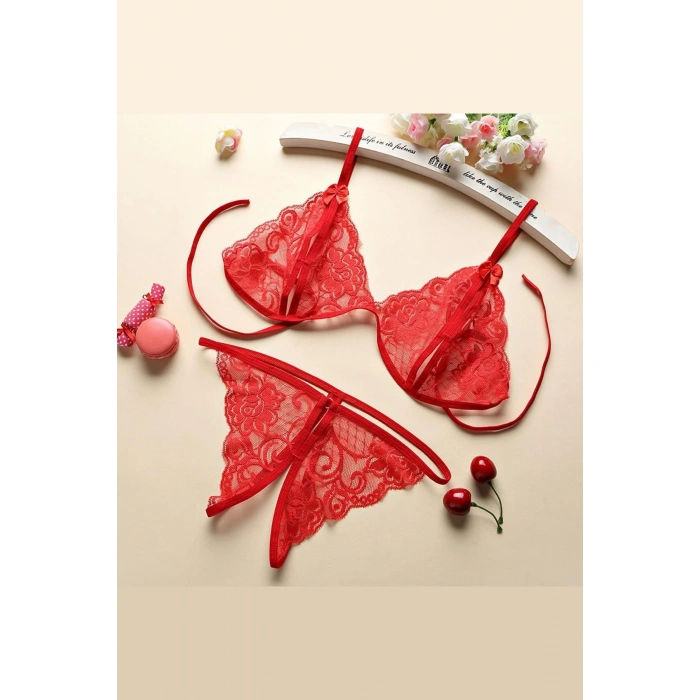 Kadın Kırmızı Dantelli Sütyen Külot Takımı
