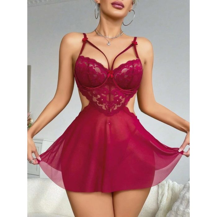 Kadın Kırmızı Fantazi Gecelik Tül Göğüs Dantel Dekolteli Fiyok Detaylı 2162