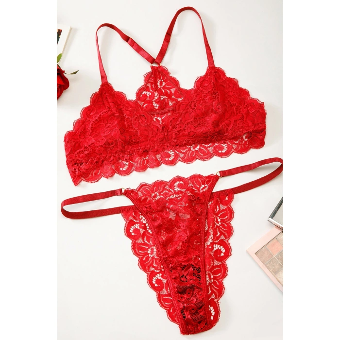 Kadın Kırmızı Sırtı Dantel Ve İp Detaylı Şık Sütyen Külot Takımı