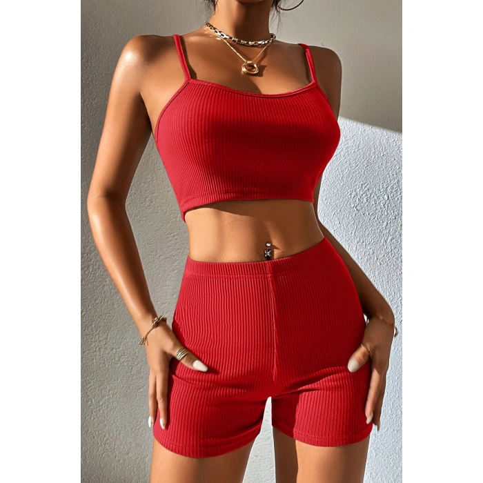 Kadın Kırmızı Şortlu Kaşkorse Gecelik Takım
