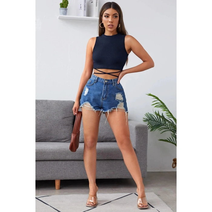 Kadın Lacivert Çapraz Bağlamalı Crop Top Büstiyer