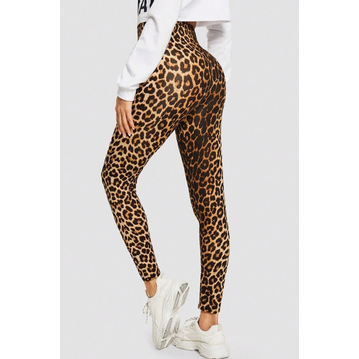 Kadın Leopar Desenli Yüksek Bel Dar Kesim Esnek Tayt