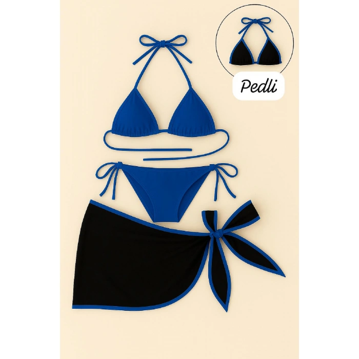 Kadın Mavi Pareolu Yandan Ve Boyundan Bağlamalı 3lü Bikini Takımı