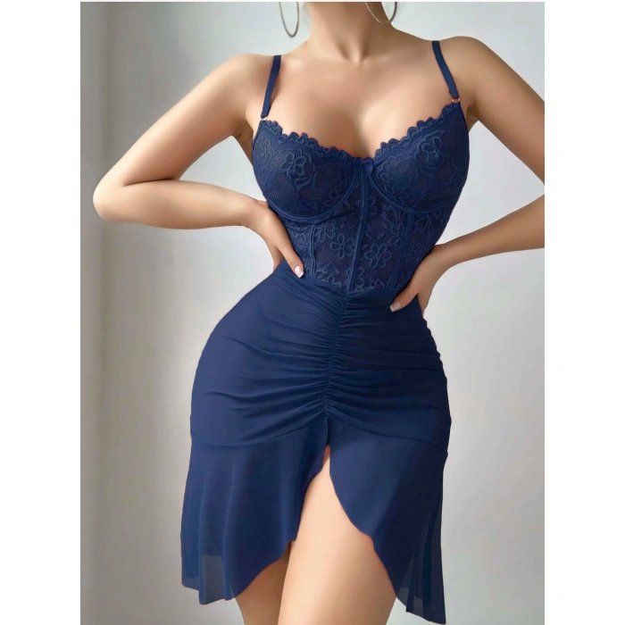 Kadın Mavi Transparan Dantel Detaylı Tül Fantezi Gecelik 2242