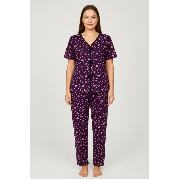 Kadın Mor Kalp Desenli Fiyonklu Kısa Kollu Uzun Pijama Takımı