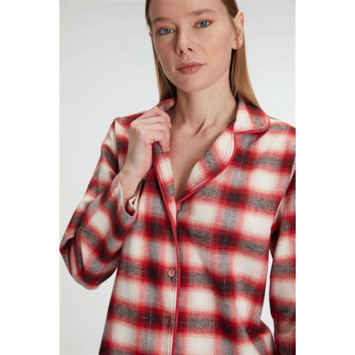 Kadın Pamuklu Uzun Kollu Kare Desenli Gömlek Ve Pantolon Takım – Kışlık Pijama Takımı