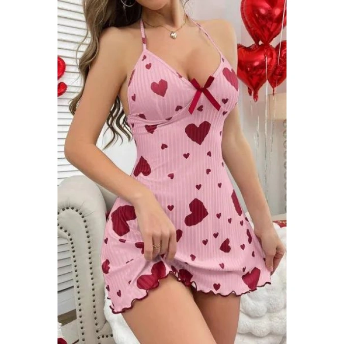 Kadın Pembe Kırmızı Kalp Desenli Askılı Sırt Dekolteli Elbise 5064